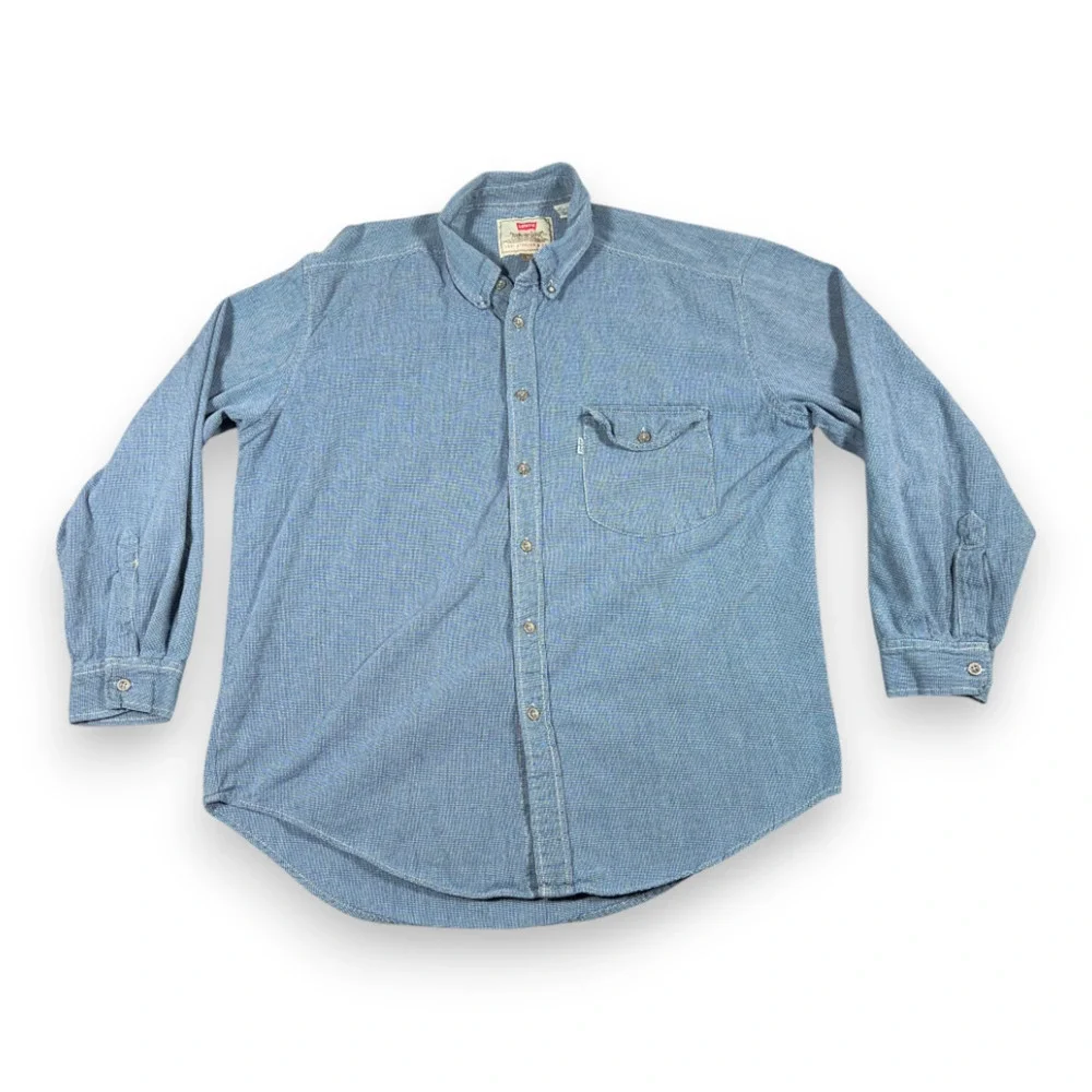 Vintage Levis Shirt Adult LARGE Blue White Houndstooth Check Cotton Grunge 90s
